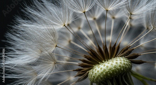 Close-up of Dandelion Seed Head with White Fluff Against Dark Background
