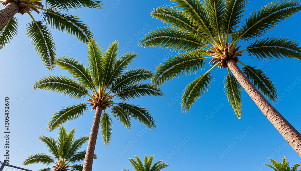 Towering palm trees with vibrant green leaves under a clear blue sky Towering palm trees with vibrant green leaves under a clear blue sky