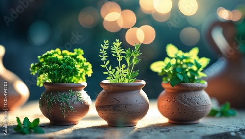 Wallpaper Mural Fresh herbs thrive in small terracotta pots under warm light, showcasing vibrant green colors Torontodigital.ca