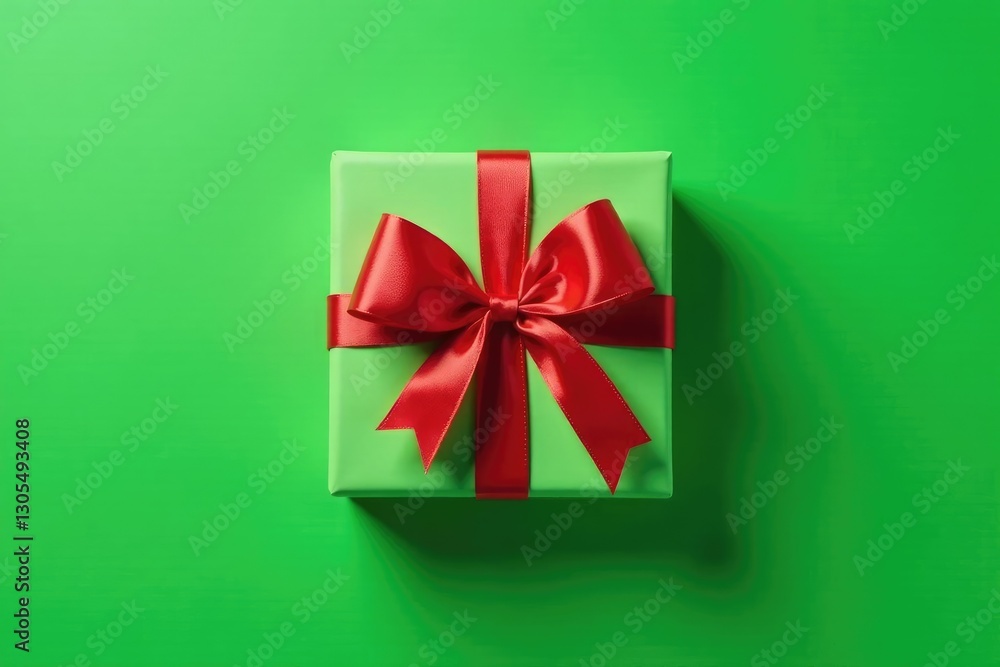 Gift with red ribbon and bow tied around it on a green background, colored ribbon, decorative bow Gift with red ribbon and bow tied around it on a green background, colored ribbon, decorative bow