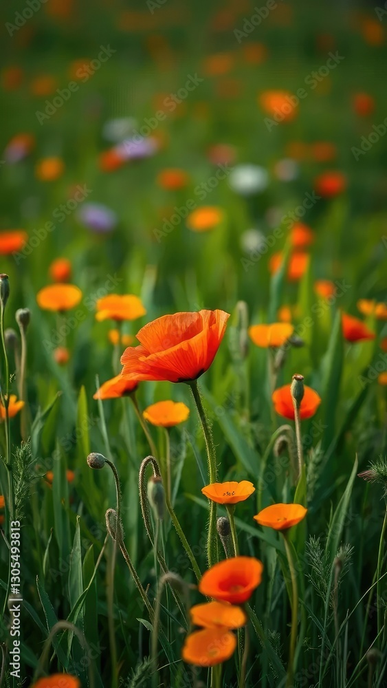 A solitary poppy blooms in a sea of green grass, field, wildflowers, poppy A solitary poppy blooms in a sea of green grass, field, wildflowers, poppy