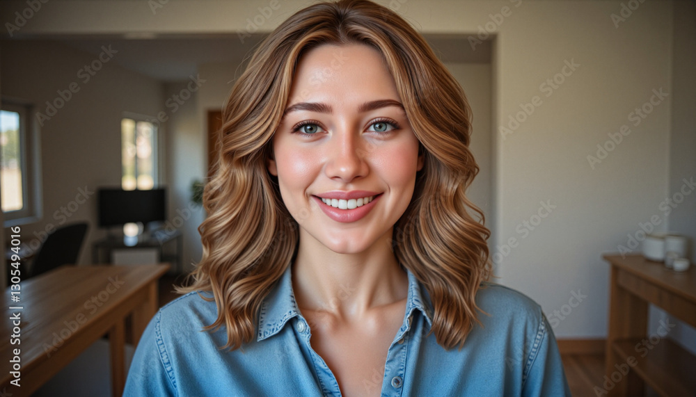 Enthusiastic young woman smiling warmly in a minimalistic indoor setting Enthusiastic young woman smiling warmly in a minimalistic indoor setting