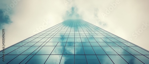 An imposing skyscraper ascends into the sky, its glass panels reflecting the soft hues of clouds, evoking a sense of modernity and aspiration.