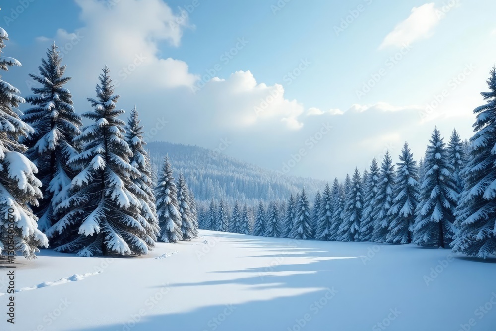 Obraz premium Dense forest of coniferous trees under snow-covered sky, winter landscape, forest scenery