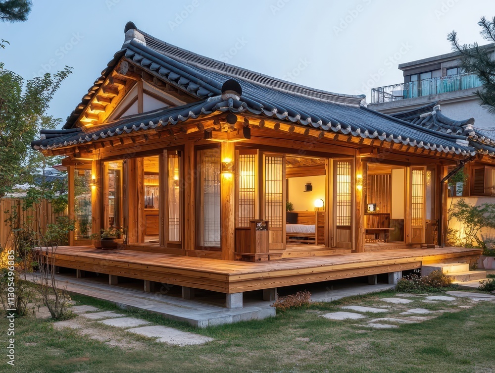 Illuminated traditional Asian house shows intricate architecture and detail Illuminated traditional Asian house shows intricate architecture and detail