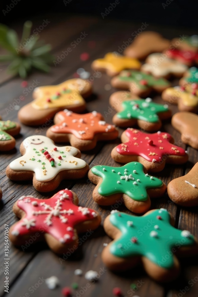 rows of colorful gingerbread cookies on a dark wooden table, dark background, winter wonderland rows of colorful gingerbread cookies on a dark wooden table, dark background, winter wonderland