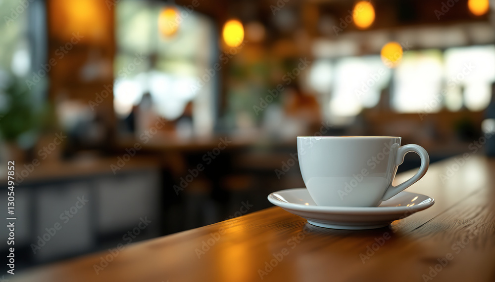 White Coffee Cup Sits On Wooden Table In Cafe White Coffee Cup Sits On Wooden Table In Cafe