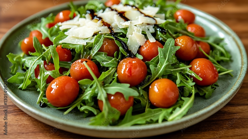 Fresh arugula salad with cherry tomatoes shaved parmesan and a drizzle of balsamic glaze elegantly arranged on a modern ceramic plate shot with soft natural lighting