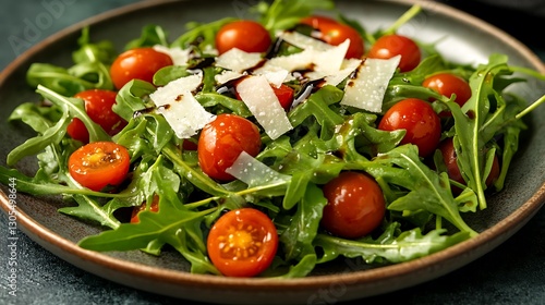 Fresh arugula salad with cherry tomatoes shaved parmesan and a drizzle of balsamic glaze elegantly arranged on a modern ceramic plate shot with soft natural lighting