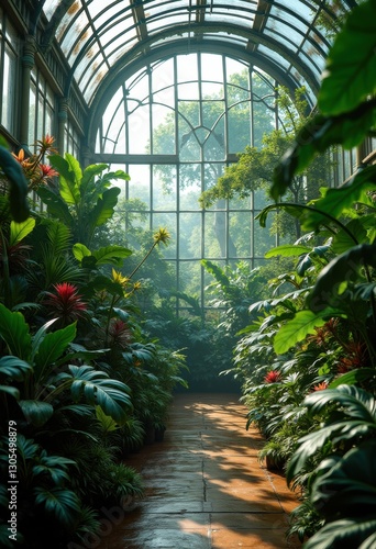 Lush greenery fills a sunlit botanical greenhouse, showcasing vibrant plants and tranquil pathways. ideal for nature, wellness, and interior design concepts.