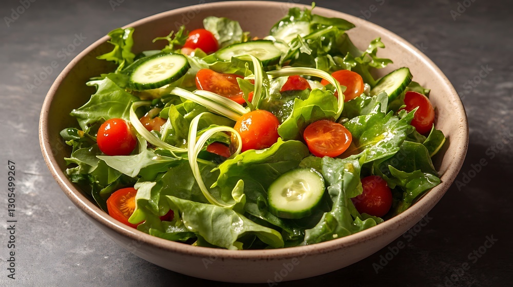 Fresh garden salad of mixed greens cucumber ribbons cherry tomatoes and a light vinaigrette elegantly tossed in a simple ceramic bowl Fresh garden salad of mixed greens cucumber ribbons cherry tomatoes and a light vinaigrette elegantly tossed in a simple ceramic bowl