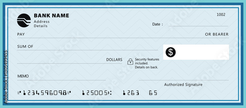 Blank money cheque. Bank check. Blue Check book template with pattern and empty fields. Currency payment coupon, US dollar check background.