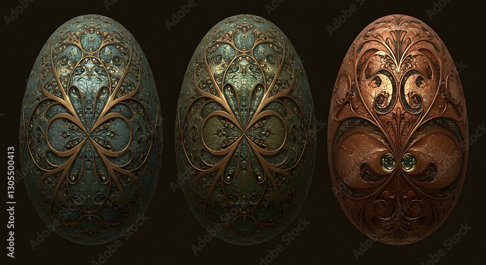 Decorative Metal Eggs with Ornate Patterns on Dark Background Decorative Metal Eggs with Ornate Patterns on Dark Background