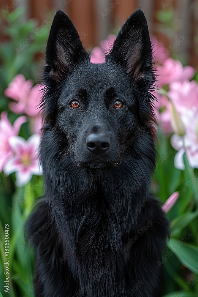 A black dog with red eyes sitting in front of flowers A black dog with red eyes sitting in front of flowers