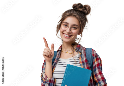 Young female student in casual plaid shirt and striped top, holding a blue notebook, wearing a backpack, making a peace sign gesture, cheerful expression, white background.