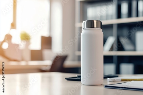 Wallpaper Mural Minimalist design of stainless steel white reusable water bottle on an office desk with soft natural light and blurred background creating an appealing mockup for design purposes Torontodigital.ca