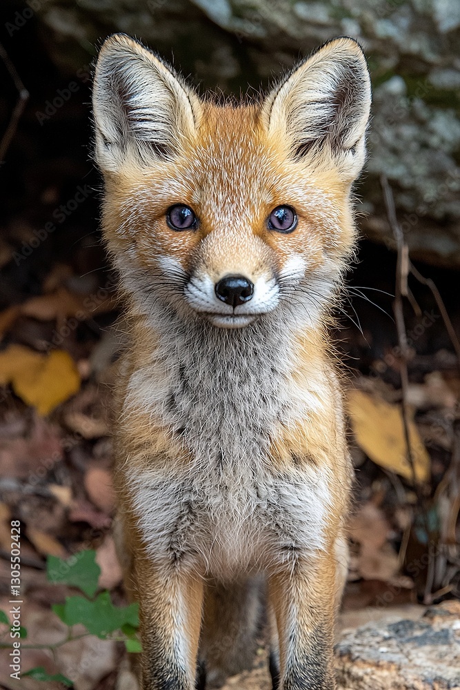 A small red fox standing on a rock in the woods A small red fox standing on a rock in the woods