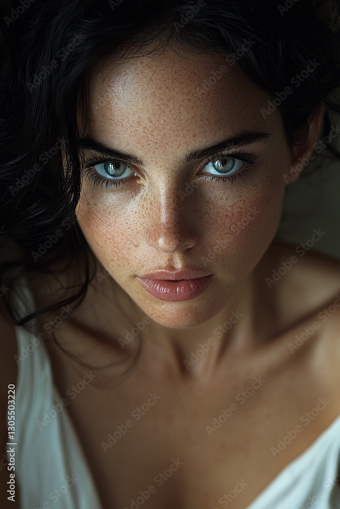 Naklejka premium A woman with freckles on her face looking at the camera