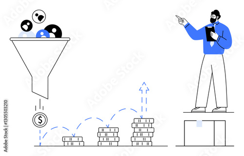 Funnel filtering audience to generate money, coins building into stacks, man pointing at growth, clipboard in hand. Ideal for marketing, sales, business strategy, finance, analytics data