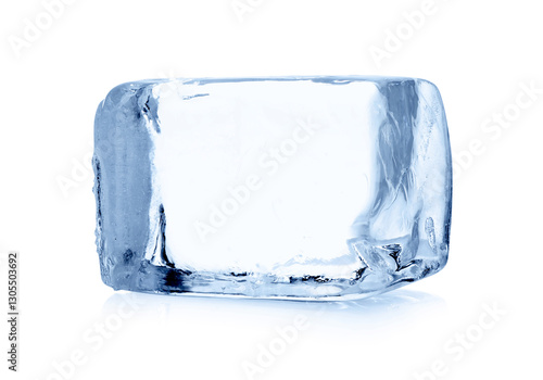 One cube of clear ice isolated on white