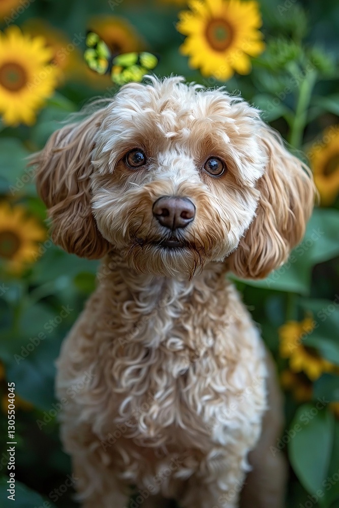 A small brown dog standing in a field of sunflowers A small brown dog standing in a field of sunflowers