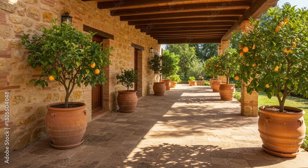Fototapeta premium Citrus Trees in Pots Lining Stone Building with Shaded Pathway