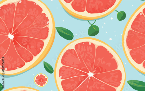 A refreshing pattern featuring grapefruit slices with detailed segment textures and scattered green leaves against a light blue background.