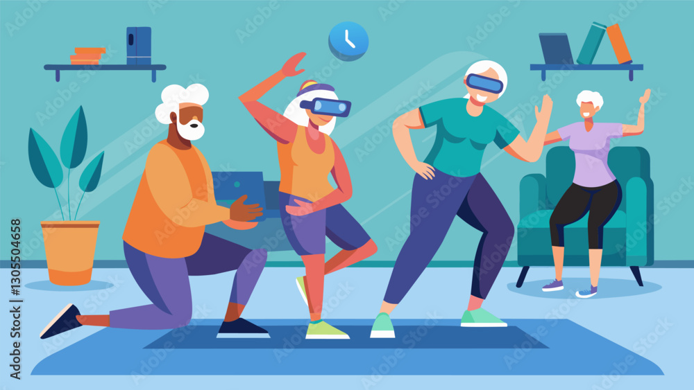 Fototapeta premium Virtual reality exercise classes specifically designed for seniors with animated virtual coaches guiding them through lowimpact workouts.. Vector illustration