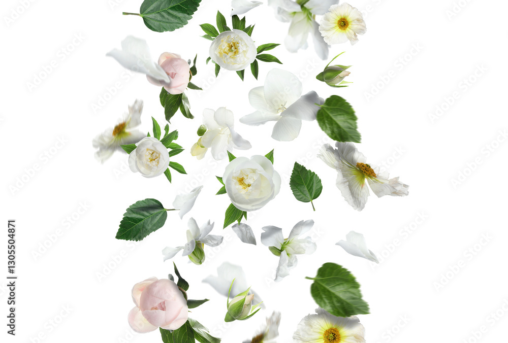 Obraz premium Beautiful flowers and green leaves falling on white background