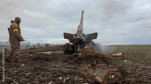 Soldier fire up an howitzer on the front line in the field. Real shooting of war field with troops, weapons during modern war conflict stage.