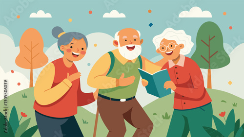 With a lighthearted spirit a group of retired individuals laugh and joke as they search for hidden markers during their orienteering adventure embracing the fun and mental exercise. Vector