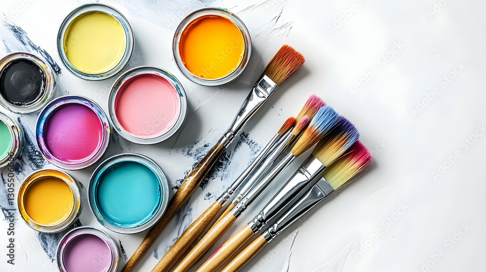 Open paint cans showcasing soft pastel colors with brushes arranged on a clean white surface Open paint cans showcasing soft pastel colors with brushes arranged on a clean white surface