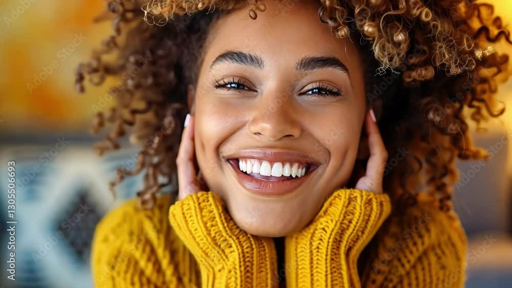 Joyful woman with curly hair expressing excitement in a cozy indoor setting during a sunny afternoon Joyful woman with curly hair expressing excitement in a cozy indoor setting during a sunny afternoon