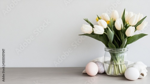 Wallpaper Mural Easter table setting featuring daffodils and tulips with pastel dyed eggs in decorative jars and soft linen napkins for a warm celebration atmosphere Torontodigital.ca
