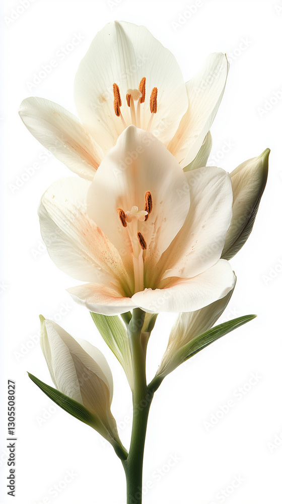 Fototapeta premium White lily bloom with delicate petals and green leaves showcasing beauty in soft lighting. Generative AI