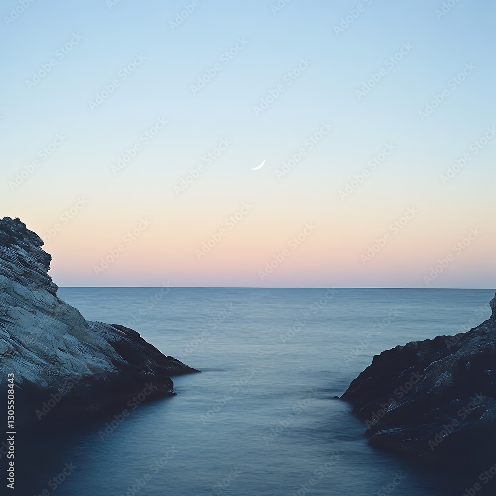 Ocean view under twilight sky with crescent moon scenic high resolution picture Ocean view under twilight sky with crescent moon scenic high resolution picture
