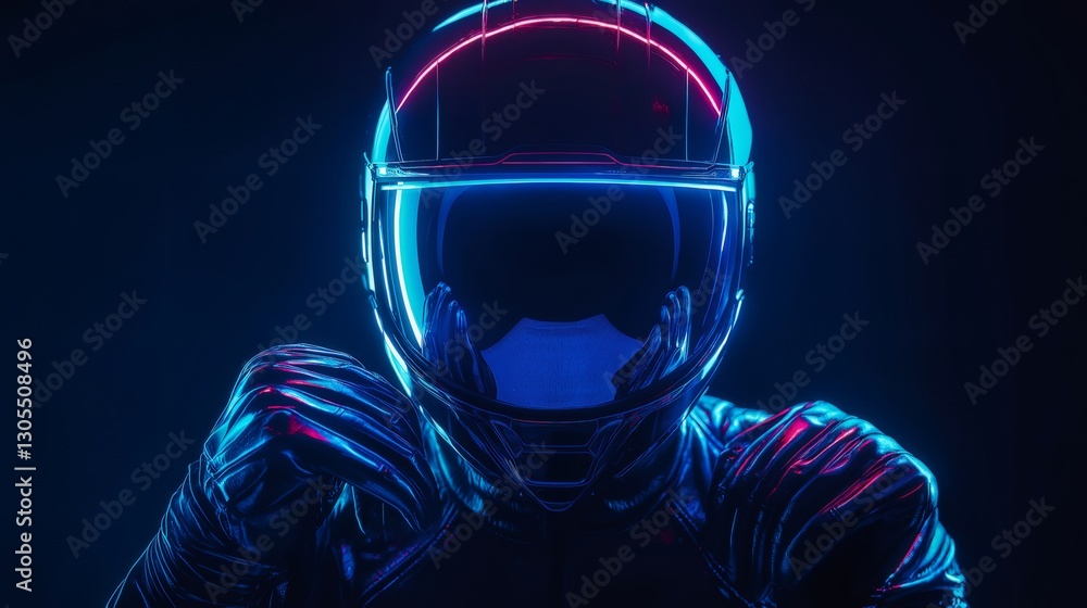 Futuristic racer wearing helmet with neon lights in dark studio. Generative ai illustrations Futuristic racer wearing helmet with neon lights in dark studio. Generative ai illustrations