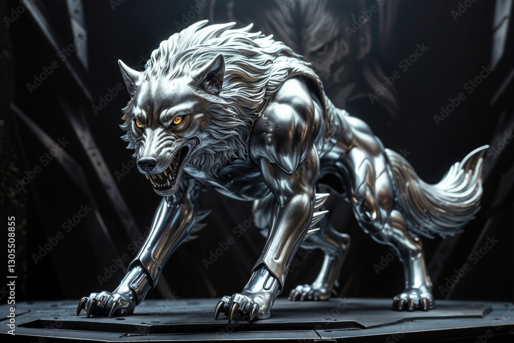metallic silver wolf with muscular build and sharp claws in a dark background.
