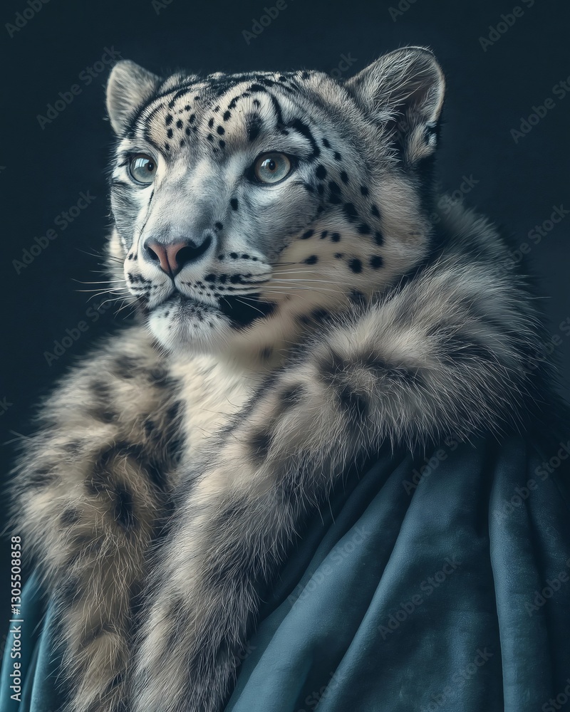 Obraz premium Majestic snow leopard wearing luxurious fur and teal robe. Generative ai illustrations