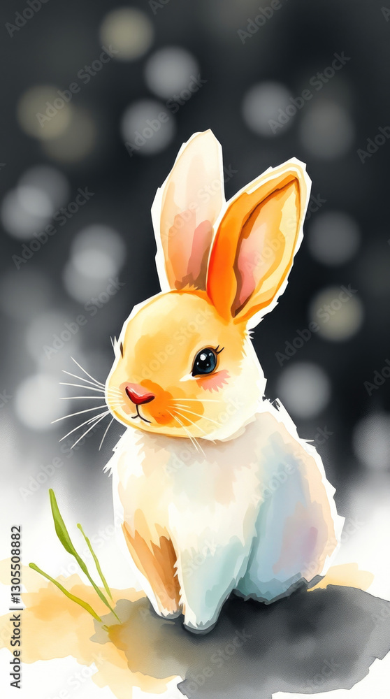 Soft watercolor sketch of a rabbit with bokeh on black background with gentle expression