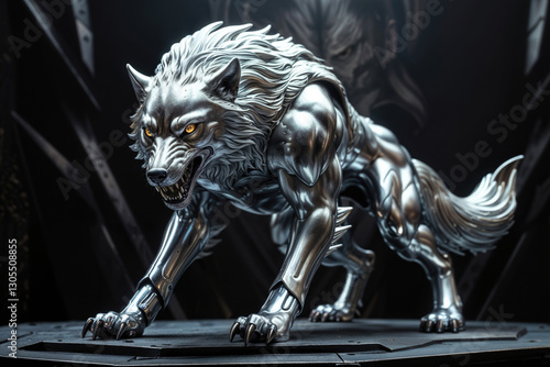 Obraz na płótnie metallic silver wolf with muscular build and sharp claws in a dark background. w salonie