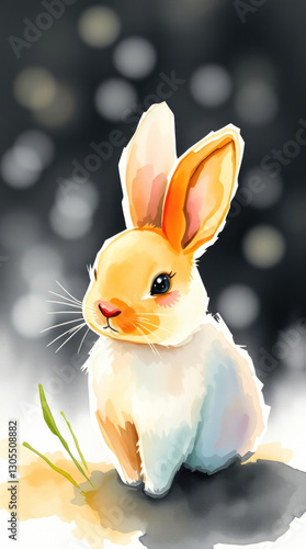 Obraz na płótnie Soft watercolor sketch of a rabbit with bokeh on black background with gentle expression w salonie