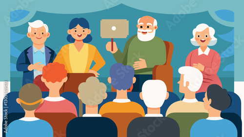With a warm smile a group of seniors proudly present their documentary to a captivated audience eager to share the lessons and experiences of their generation.. Vector illustration