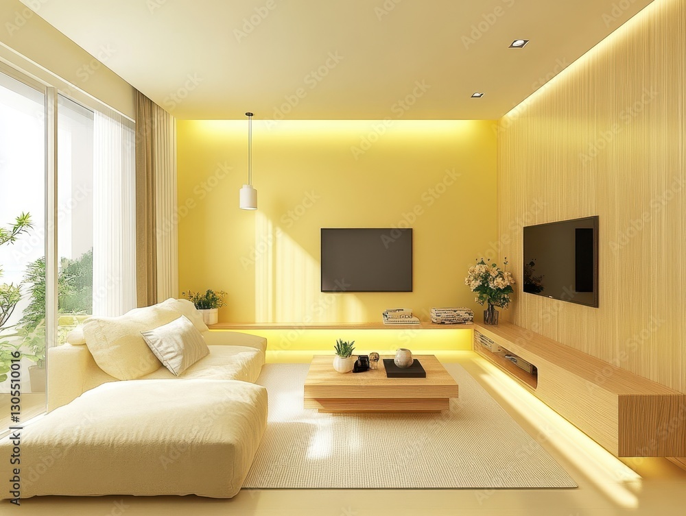 A modern interior with yellow walls and comfortable furnishings A modern interior with yellow walls and comfortable furnishings