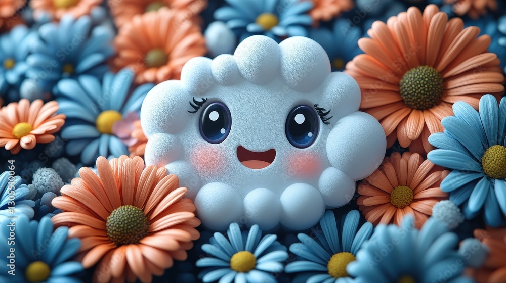 Happy Cloud Amidst Vibrant Flowers Happy Cloud Amidst Vibrant Flowers