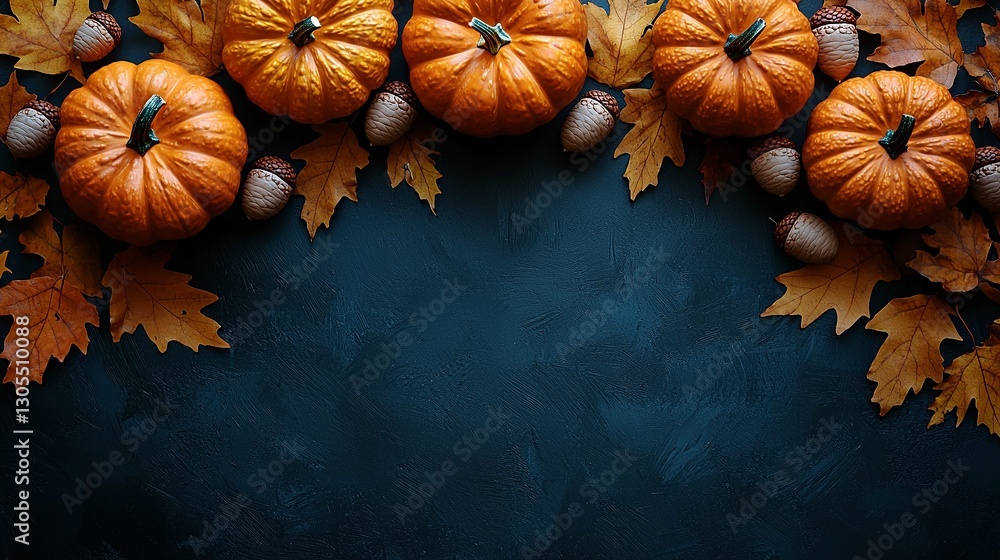 A group of pumpkins and acorns on a dark blue background A group of pumpkins and acorns on a dark blue background