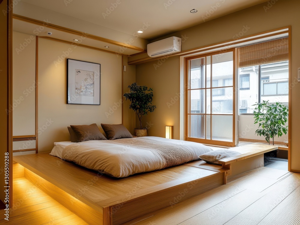 Modern minimalist bedroom features a low platform bed and natural light Modern minimalist bedroom features a low platform bed and natural light