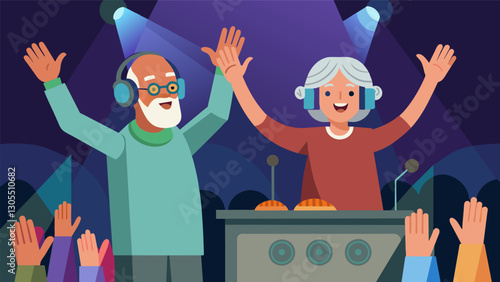 The elderly DJs end their set with a crowd favorite taking a bow and receiving a standing ovation from the audience proving that old age is nothing but a number when it comes to. Vector illustration