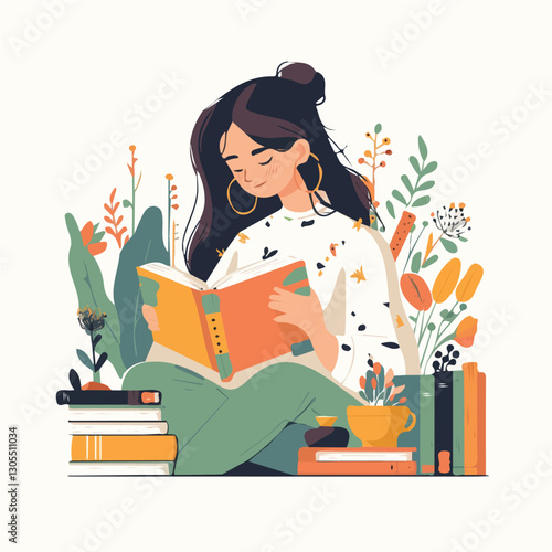 Design of a girl reading a book in illustration and vector format