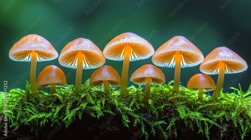 Fototapeta premium A group of small orange mushrooms sitting on top of a moss covered log